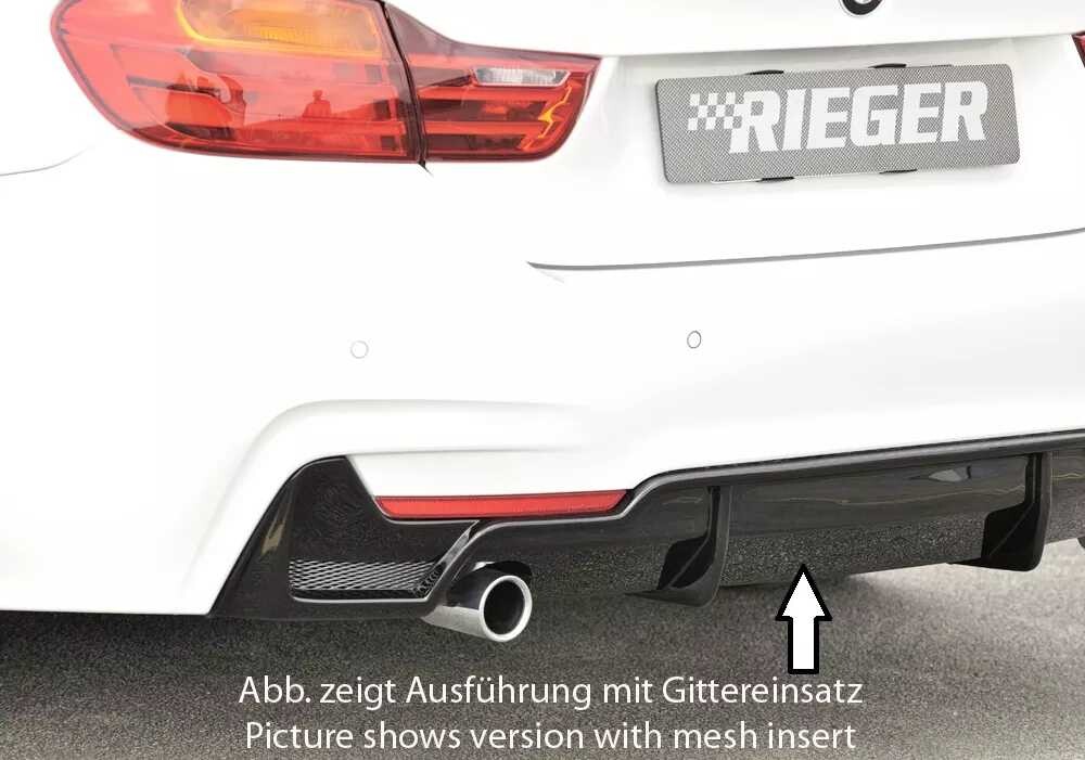 Rieger Tuning Rieger vložka zadního nárazníku pro BMW řada 4 F32, F33, F36 coupe (3-dvéř.), gran coupe (5-dvéř.), kabriolet vč. faceliftu, plast ABS lakovaný do černé lesklé barvy, pro orig. koncovku vlevo