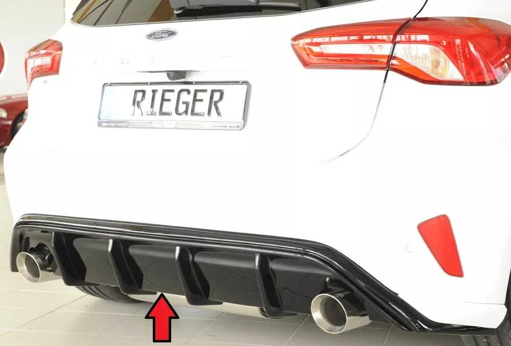 Rieger Tuning Rieger vložka zadního nárazníku pro Ford Focus 4 DEH, ST 5-dvéř. (hatchback), plast ABS lakovaný do černé lesklé barvy, pro sportovní koncovky na obou stranách 100 mm