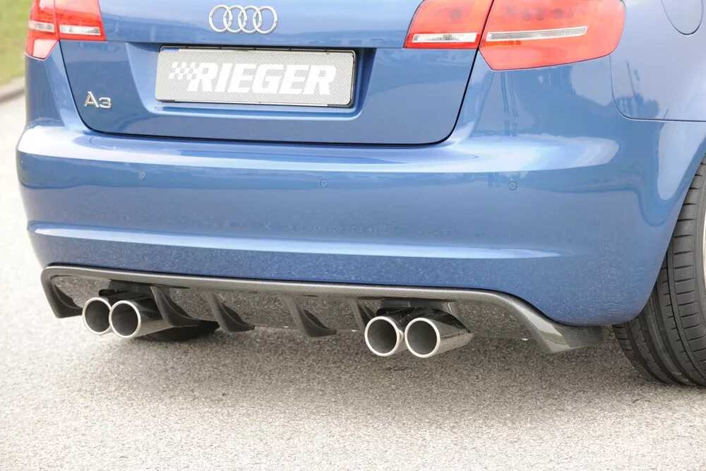 Rieger Tuning Rieger vložka zadního nárazníku pro Audi A3 8P 3-dvéř., kabriolet po faceliftu, plast ABS s povrchovou úpravou Carbon-Look, pro dvojité koncovky na obou stranách 4x76 mm