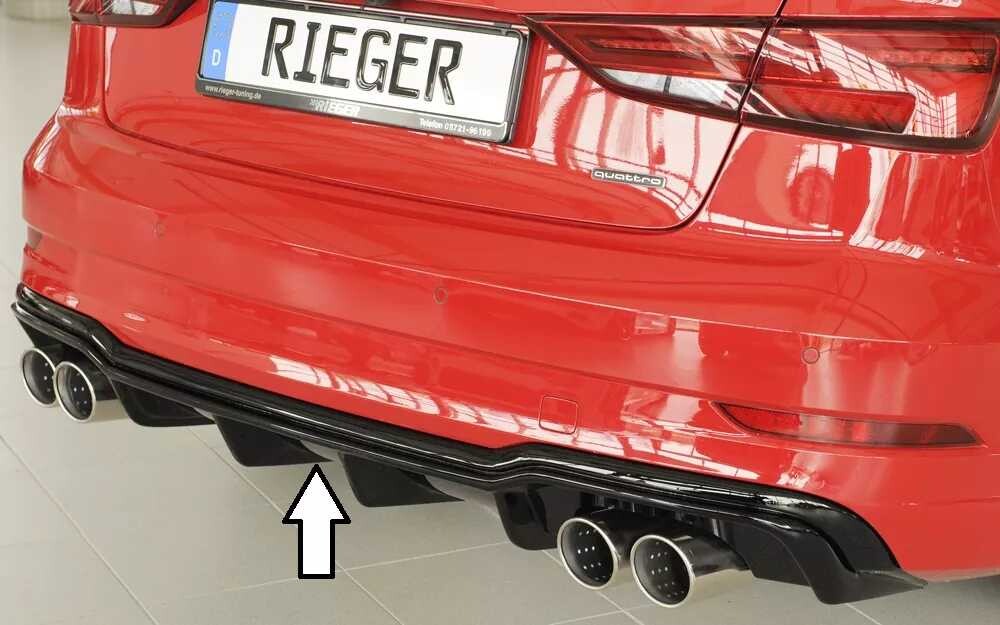 Rieger Tuning Rieger vložka zadního nárazníku pro Audi A3 8V 3-dvéř. (convertible 8V7), 5-dvéř. (sedan 8VS) po faceliftu, plast ABS lakovaný do černé lesklé barvy, pro sportovní koncovky na obou stranách 4x90 mm