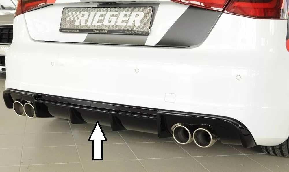 Rieger Tuning Rieger vložka zadního nárazníku pro Audi A3 8V 3-dvéř. (hatchback 8V1), 5-dvéř. (sportback 8VA) před faceliftem, plast ABS lakovaný do černé lesklé barvy, pro dvojité koncovky na obou stranách 4x90 mm