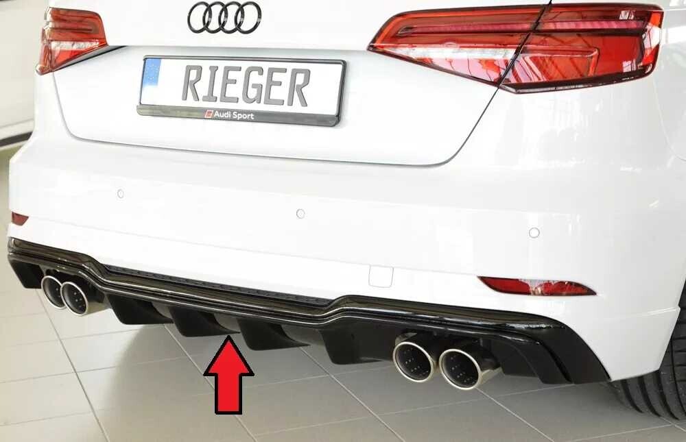 Rieger Tuning Rieger vložka zadního nárazníku pro Audi A3 8V 3-dvéř. (hatchback 8V1), 5-dvéř. (sportback 8VA) po faceliftu, plast ABS lakovaný do černé lesklé barvy, pro dvojité koncovky na obou stranách 4x90 mm