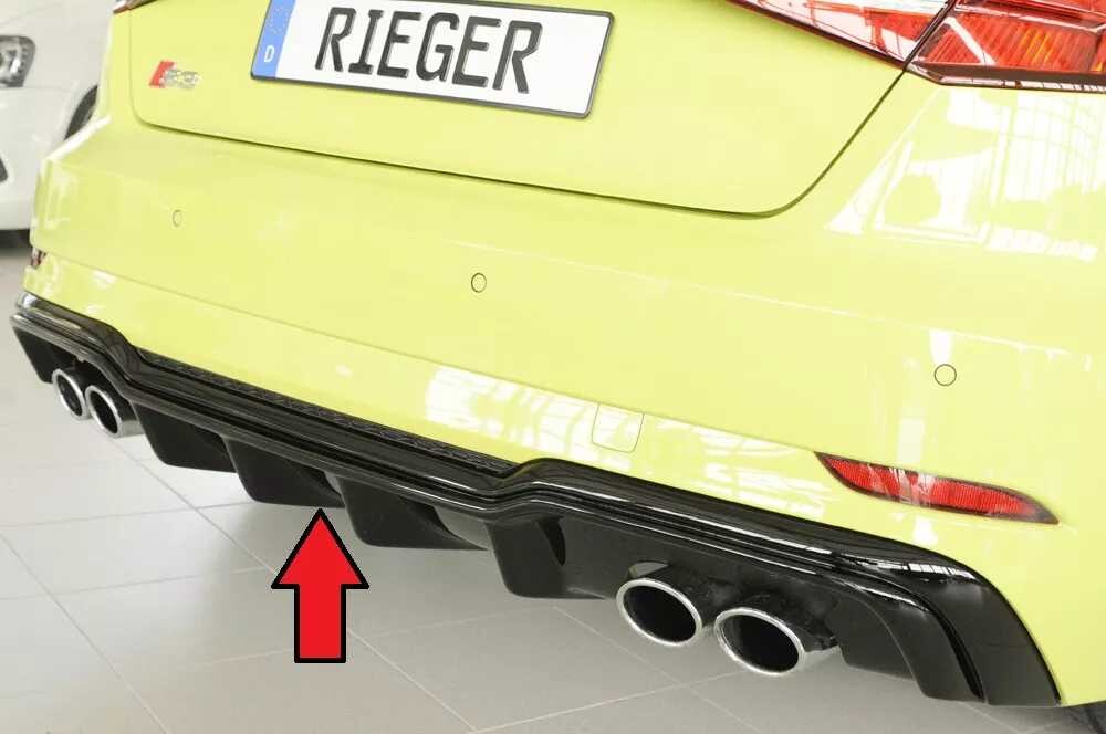 Rieger Tuning Rieger vložka zadního nárazníku pro Audi A3 S3 8V 3-dvéř. (hatchback 8V1), 5-dvéř. (sportback 8VA) po faceliftu, plast ABS lakovaný do černé lesklé barvy, pro orig. dvojité koncovky na obou stranách 4x90x72 mm