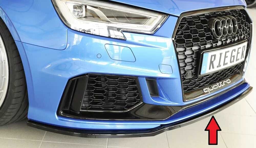 Rieger Tuning Rieger lipa pod přední nárazník pro Audi RS3 8V 5-dvéř. (sedan 8VS / 8VM), 5-dvéř. (sportback 8VA / 8VF) po faceliftu, 02/17-, plast ABS lakovaný do černé lesklé barvy