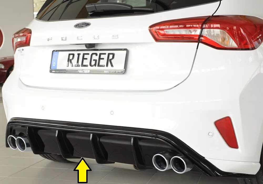 Rieger Tuning Rieger vložka zadního nárazníku pro Ford Focus 4 DEH, ST 5-dvéř. (hatchback), plast ABS lakovaný do černé lesklé barvy, pro dvojité koncovky na obou stranách 4x80 mm