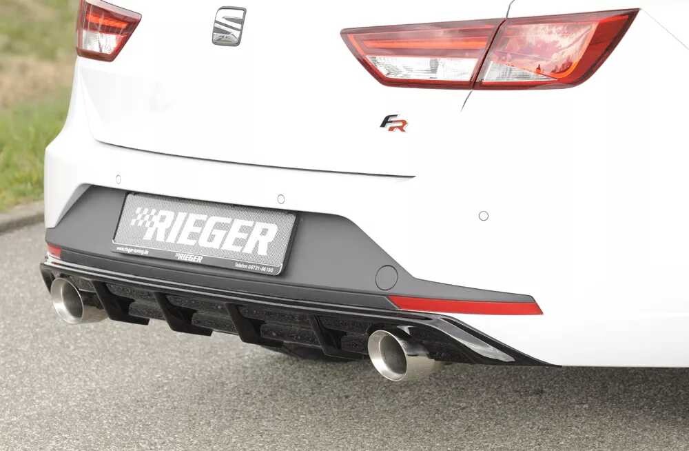 Rieger Tuning Rieger vložka zadního nárazníku pro Seat Leon FR 5F 5-dvéř. (ST/Combi) před faceliftem, plast ABS lakovaný do černé lesklé barvy, pro sportovní koncovky na obou stranách 100 mm