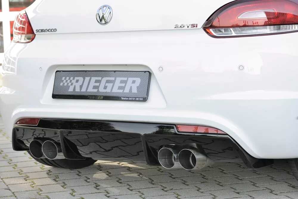 Rieger Tuning Rieger vložka zadního nárazníku pro R-Line zadní nárazník pro Volkswagen Scirocco 3 13 2-dvéř. vč. faceliftu, plast ABS lakovaný do černé lesklé barvy, pro dvojité koncovky na obou stranách 4x90 mm