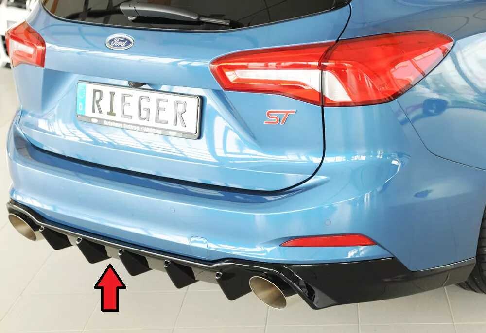 Rieger Tuning Rieger vložka zadního nárazníku (pro vozy s tažným zařízením) pro Ford Focus 4 DEH 5-dvéř. (combi), plast ABS lakovaný do černé lesklé barvy, pro sportovní koncovky vlevo/vpravo 115 mm