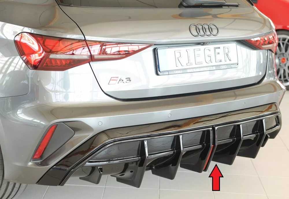 Rieger Tuning Rieger vložka zadního nárazníku pro orig. koncový tlumič výfuku pro Audi A3 GY 5-dvéř. (sportback), 06/24-, plast ABS lakovaný do černé lesklé barvy, mont. strana