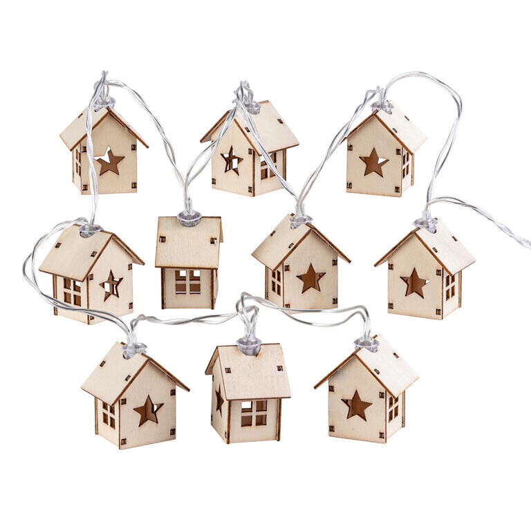 Světelný řetěz s dřevěnými domečky