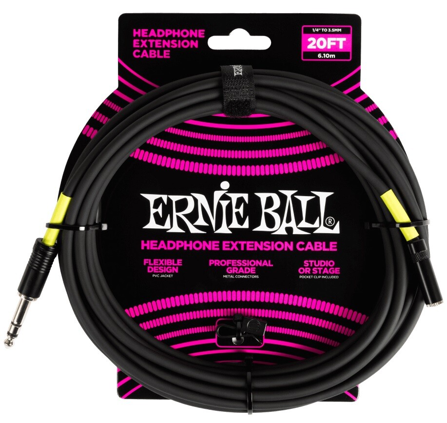 Ernie Ball Headphone Extension Cable 1/4 to 3.5mm 20' Black