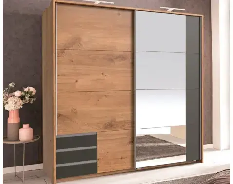 Šatní skříň se zrcadlem Emden, 179 cm, prkenný dub/grafit