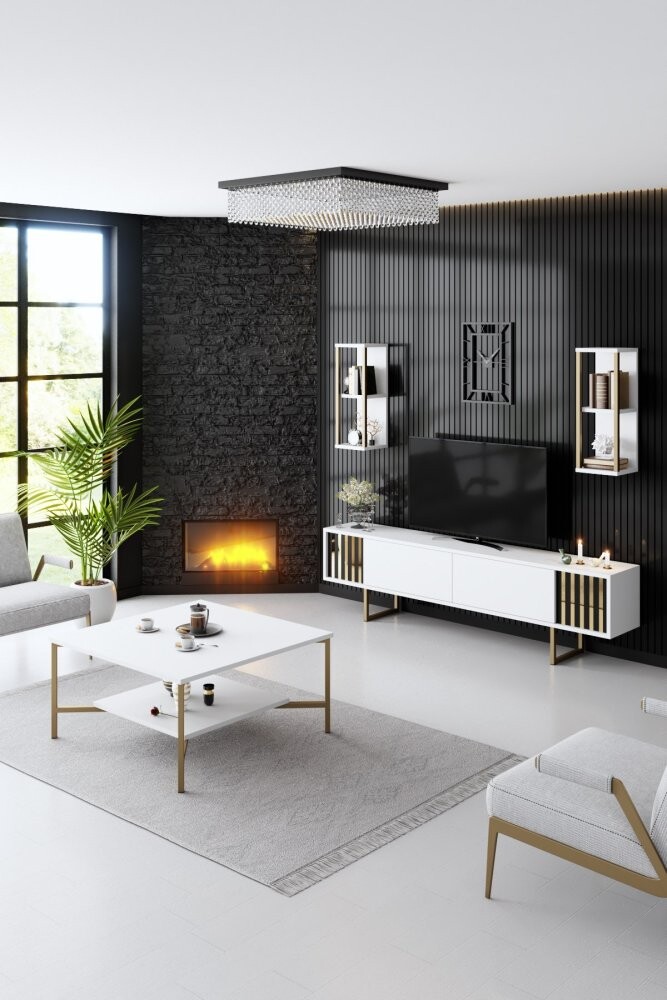 Living Room Furniture Set Gold Line - White, Gold