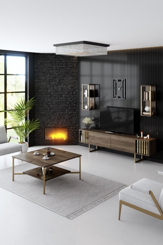 Living Room Furniture Set Gold Line - Walnut, Gold