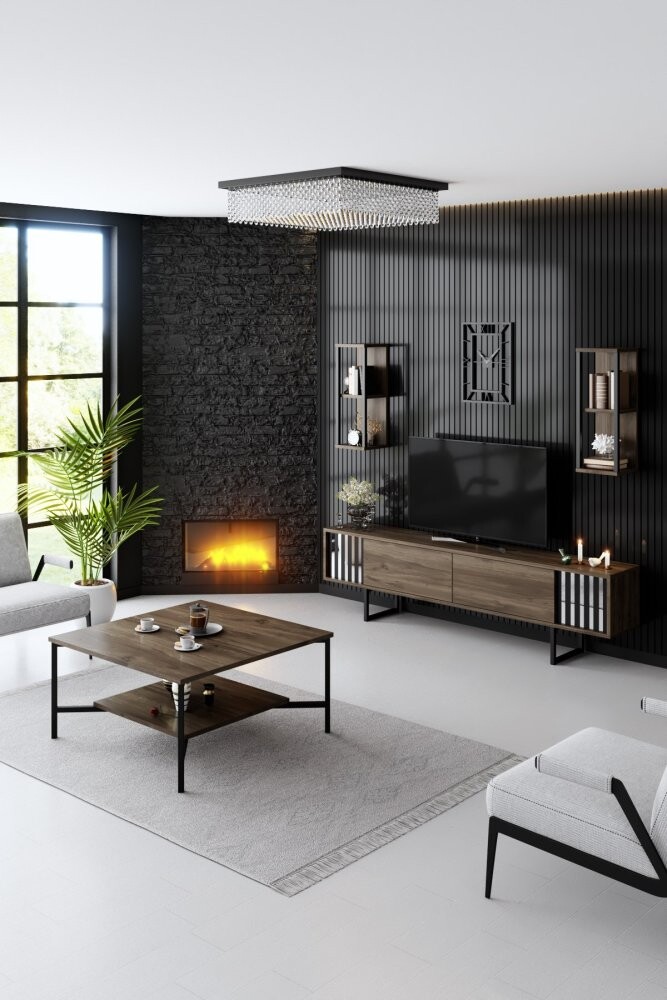 Living Room Furniture Set Chrome Line Set - Walnut, Black
