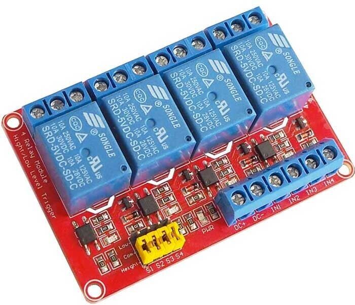 Modul relé 4x High nebo Low spoušť. napájení 5V, kontakt 230V/10A