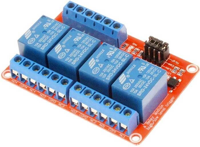 Modul relé 4x High nebo Low spoušť. napájení 24V, kontakt 230V/10A