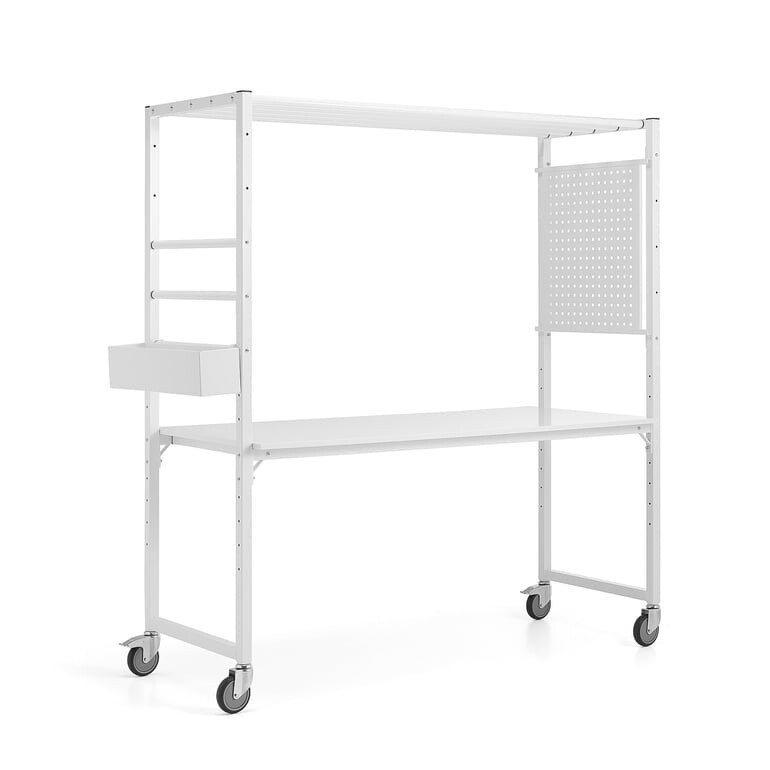 Mobilní multifunkční stůl TEAMWORK, box na příslušenství, perforovaný panel, bílá/whiteboard deska
