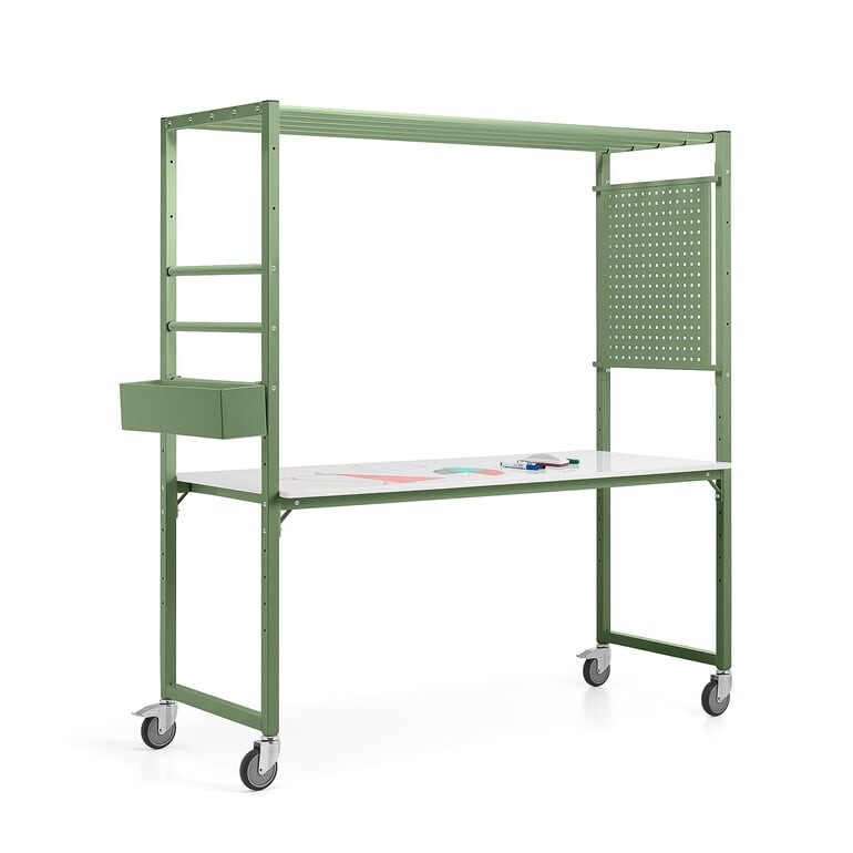 Mobilní multifunkční stůl TEAMWORK, box na příslušenství, perforovaný panel, zelená/whiteboard deska