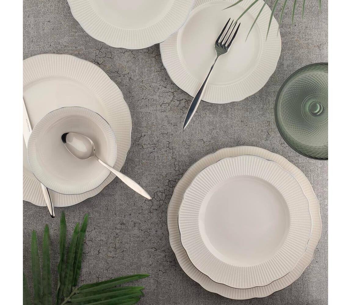 Jídelní sada 26 ks bílá/stříbrná/kostní porcelán 710KTP3684