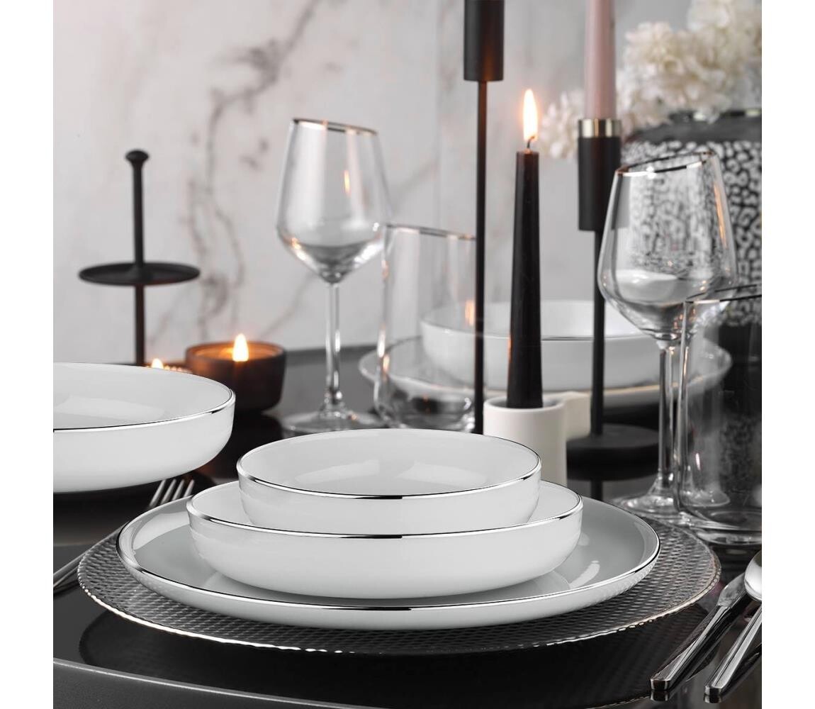 Jídelní sada 18 ks bílá/stříbrná/porcelán 719KTP9785