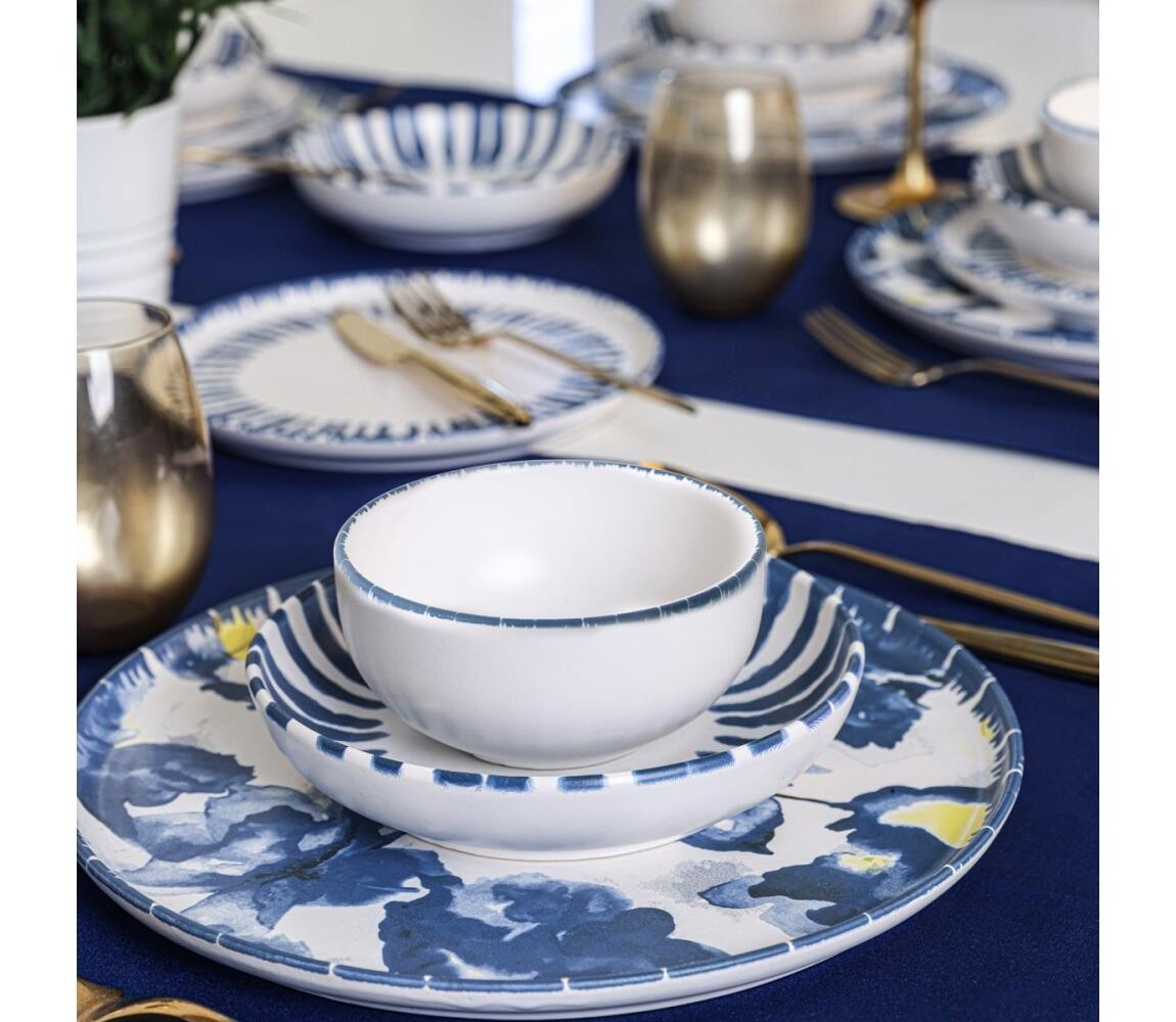 Jídelní sada 24 ks bílá/modrá/kamenina 275KRM2410