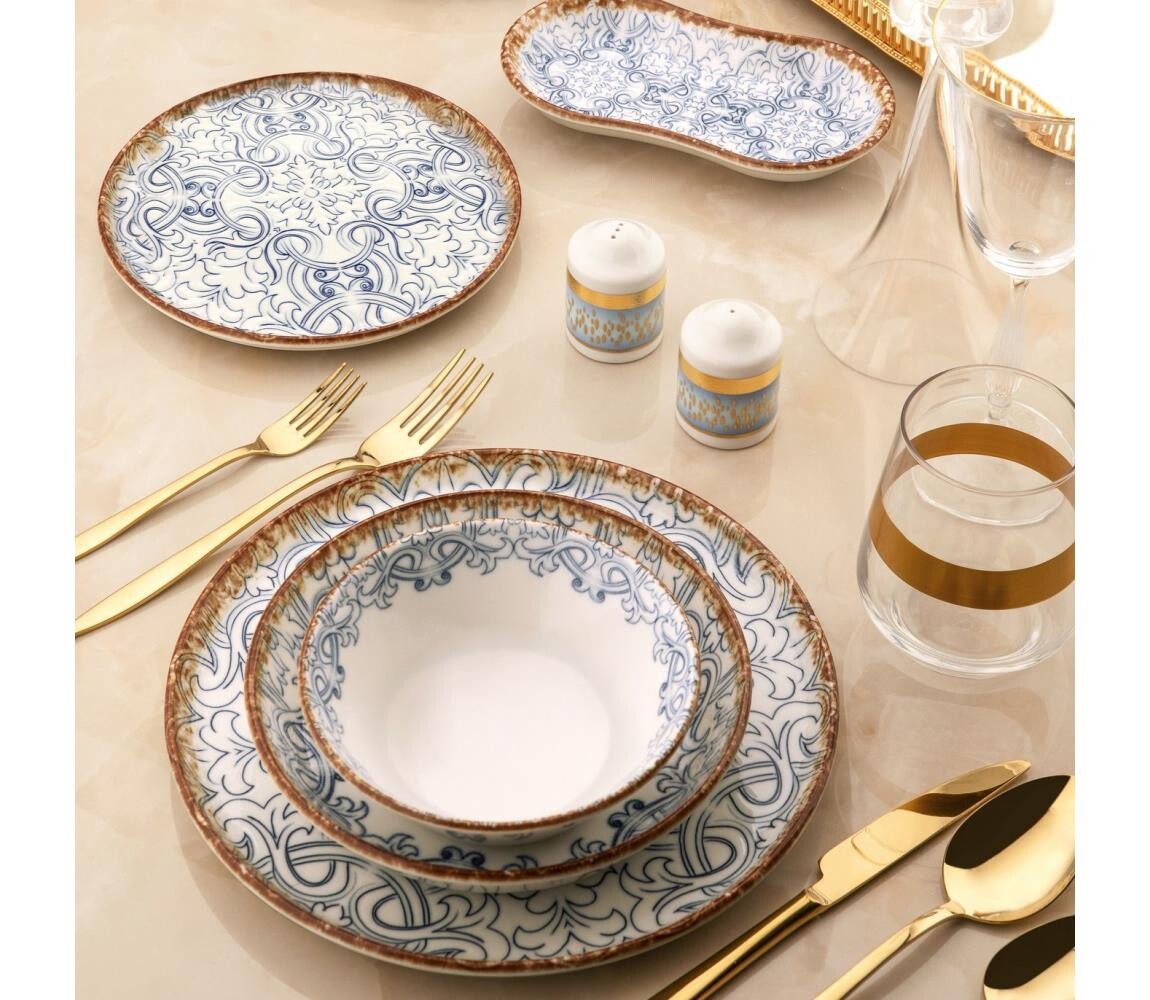 Jídelní sada 27 ks modrá/hnědá/porcelán 721NBL3153