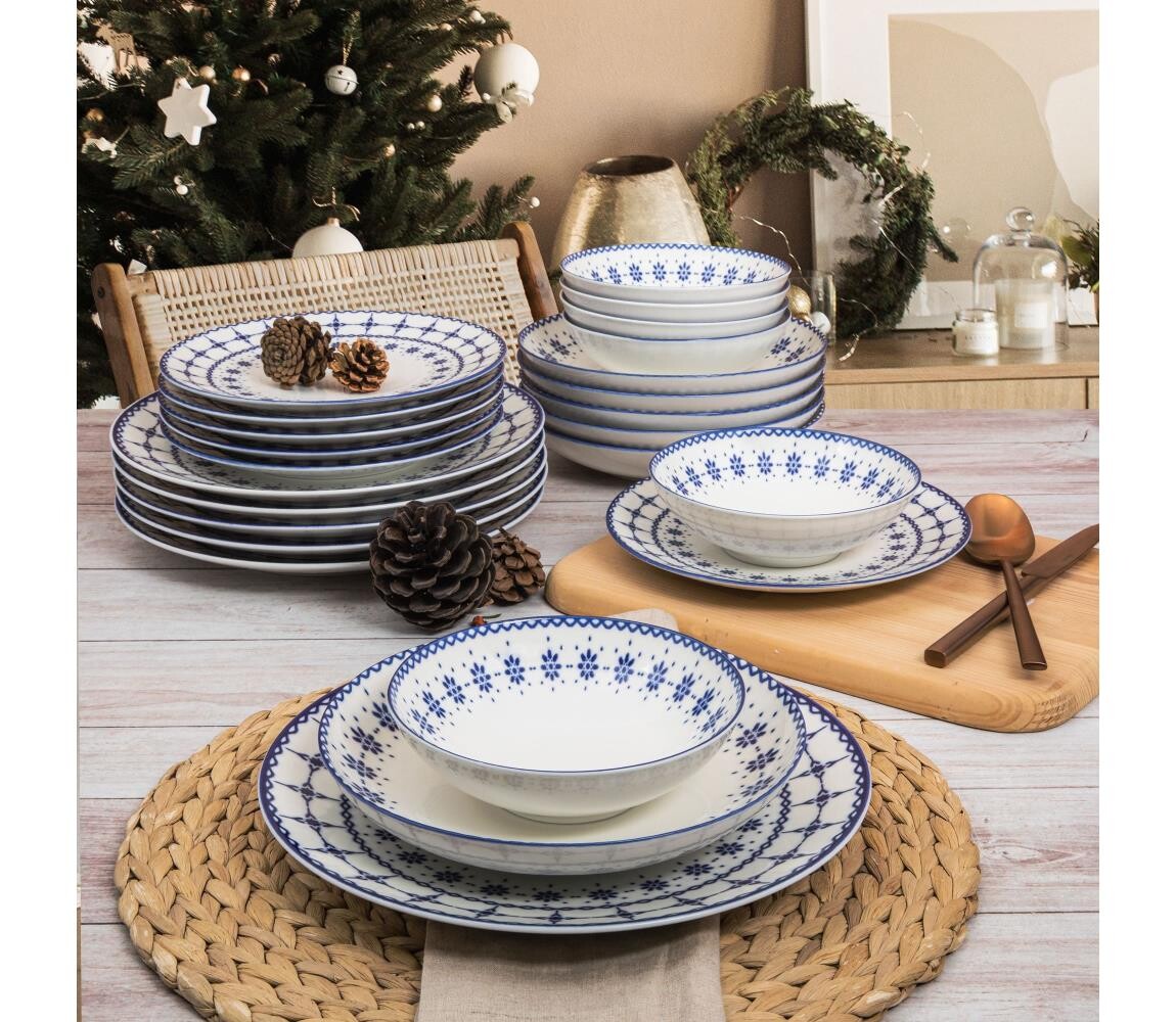 Jídelní sada 24 ks bílá/modrá/porcelán 387GRP1167
