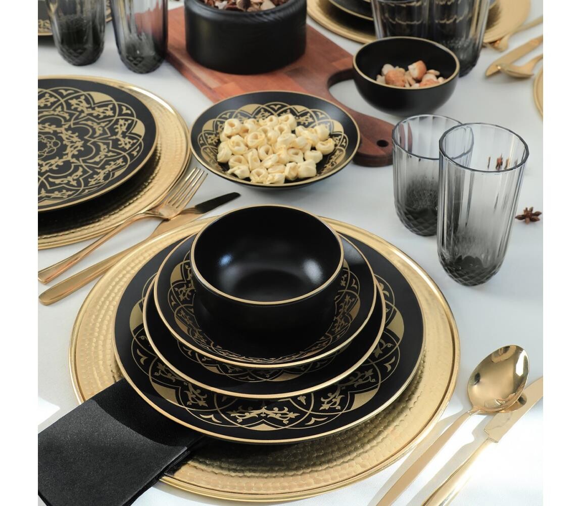 Jídelní sada 24 ks černá/zlatá/keramika 275KRM1940