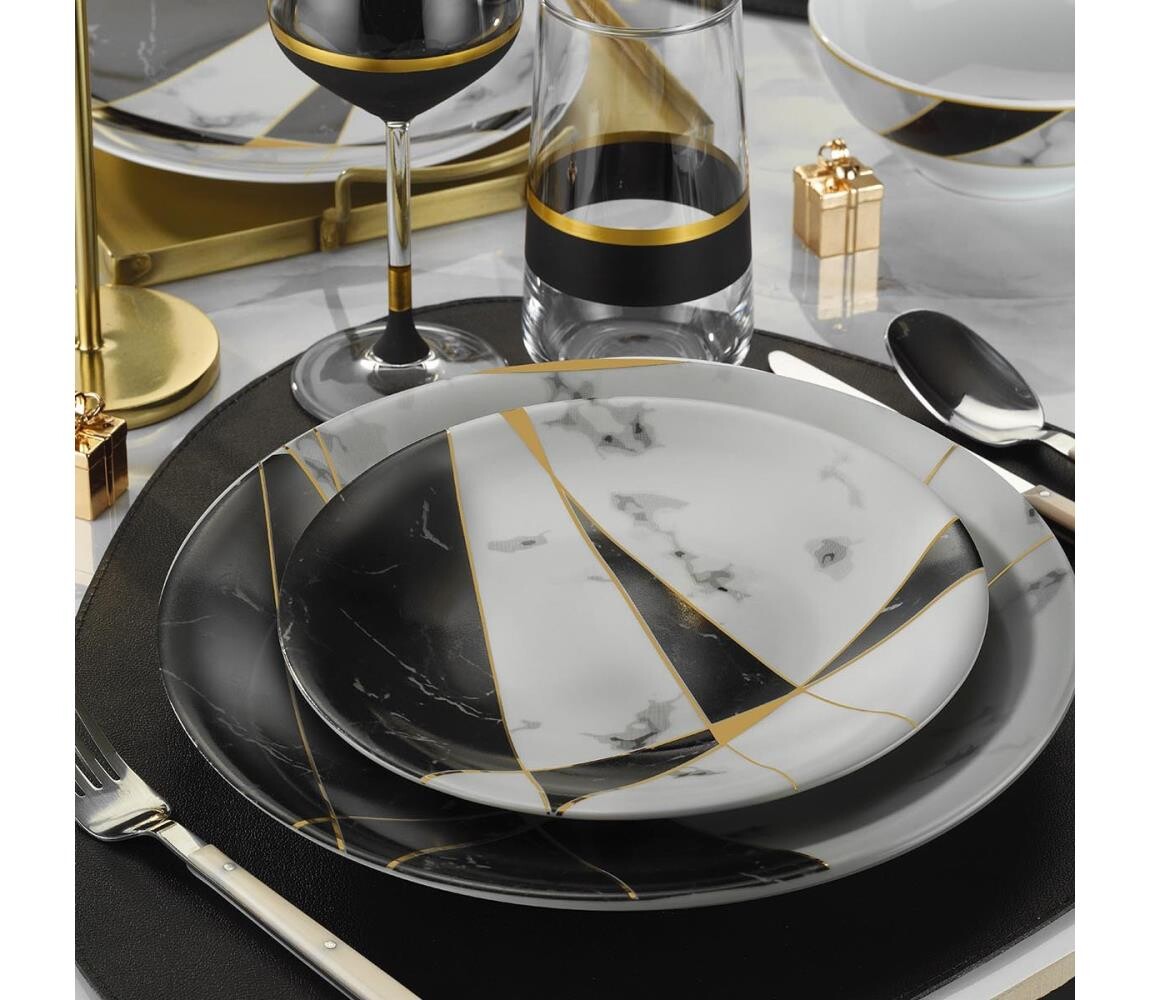 Jídelní sada 24 ks černá/bílá/zlatá/porcelán 710KTP2983