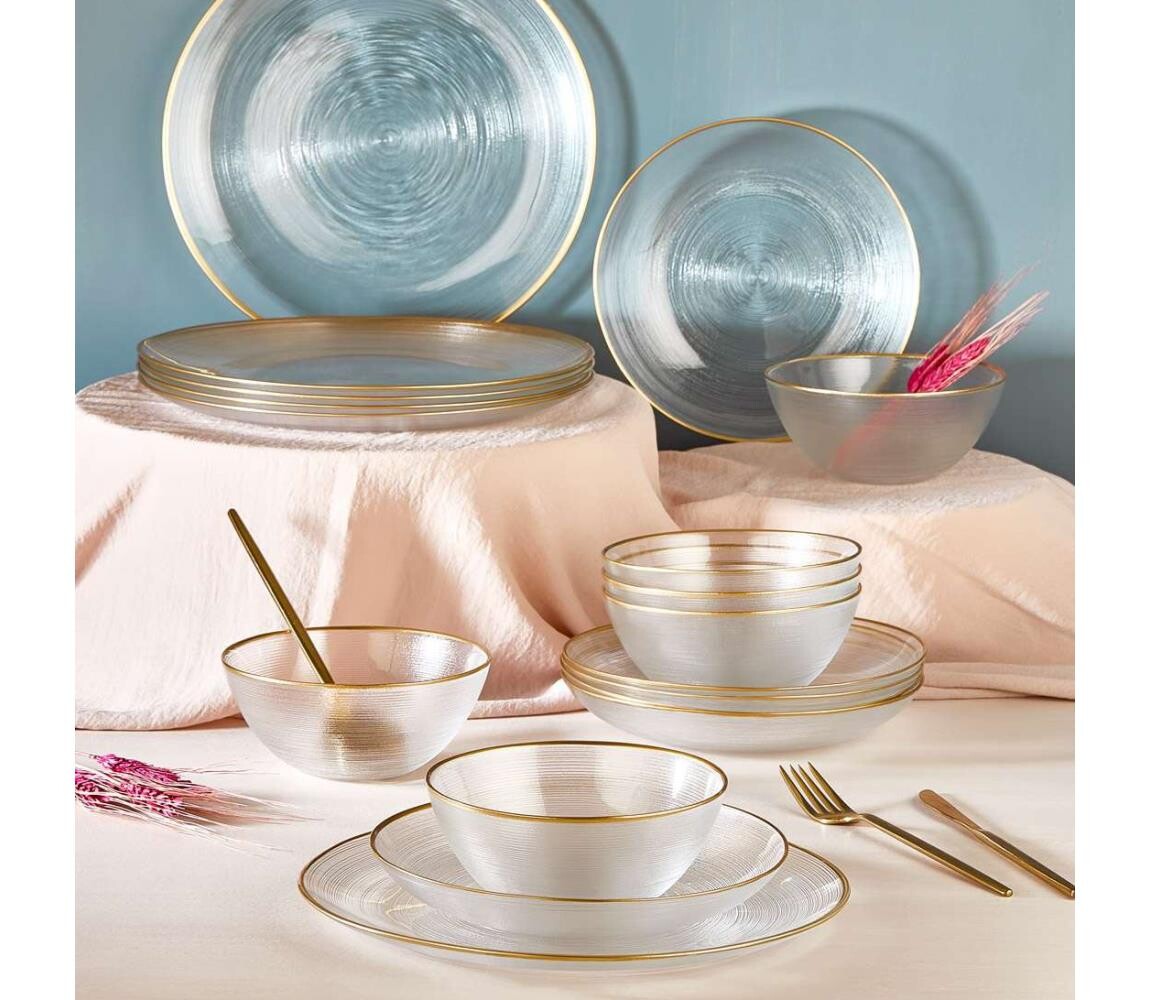 Jídelní sada 18 ks čirá/zlatá/sklo 337GLZ1136