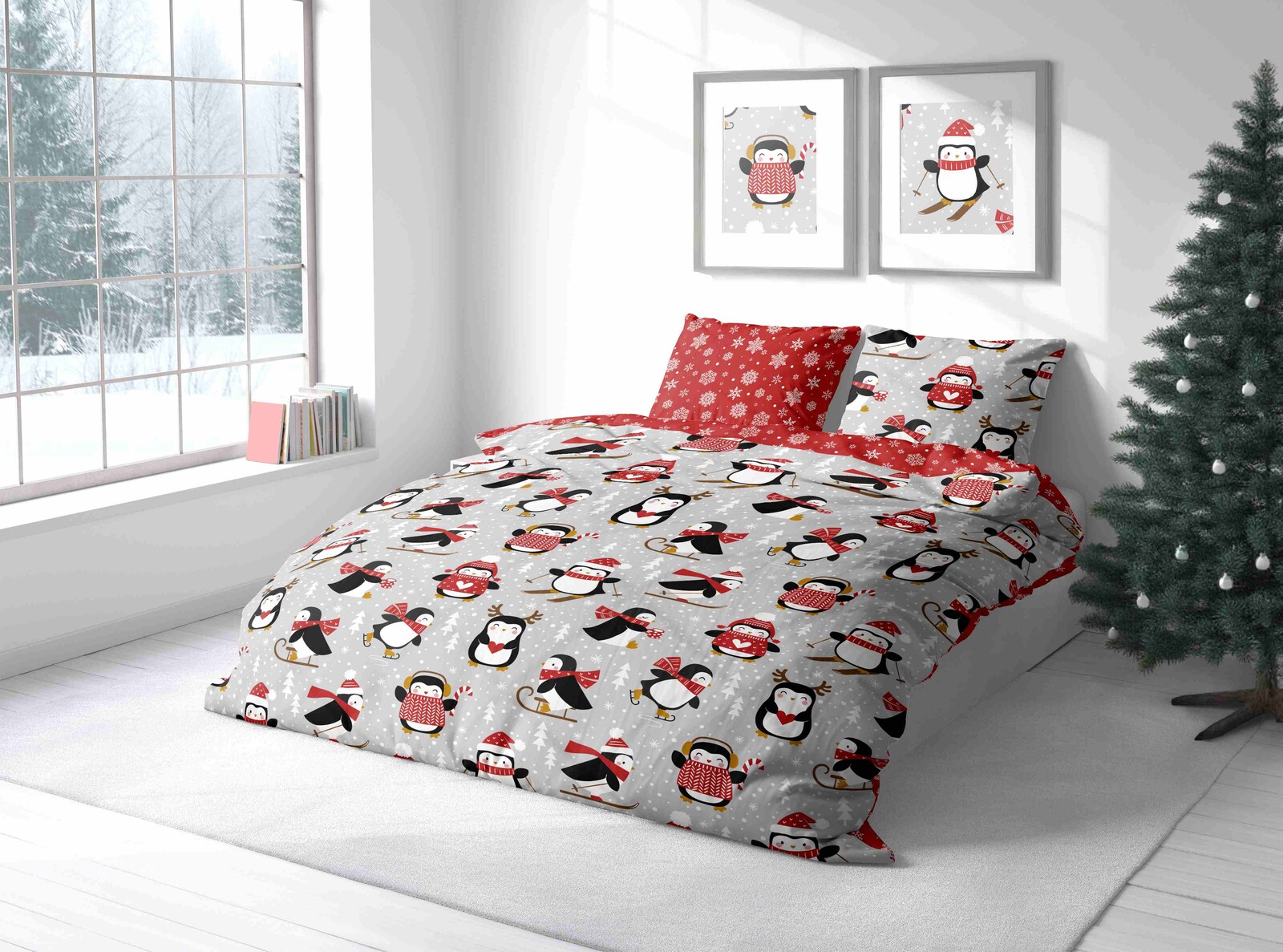 FARO Vánoční bavlněné povlečení 140x200 + 70x90 cm - Tučňáci na sněhu