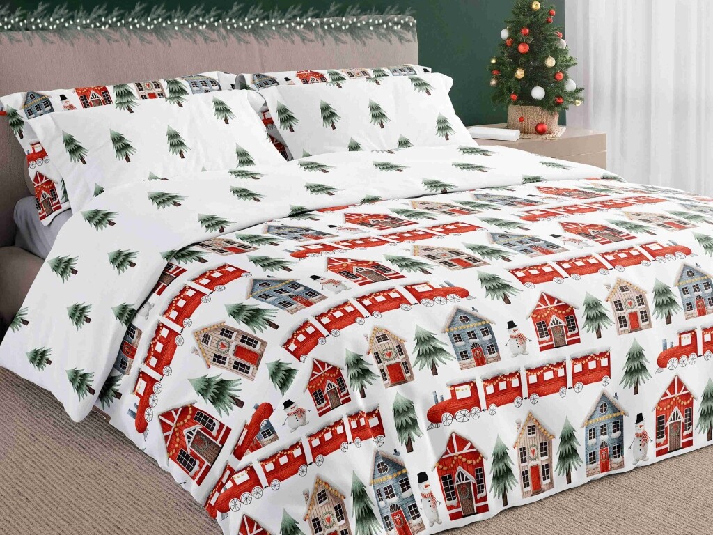 FARO Vánoční bavlněné povlečení 220x200 + 2 x 70x80 cm - Vánoční městečko