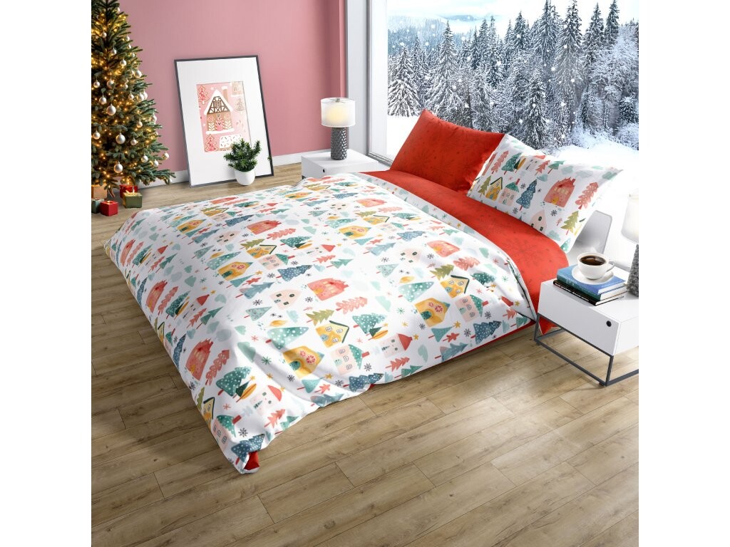 FARO Vánoční bavlněné povlečení 220x200 + 2 x 70x80 cm - Vánoční domečky