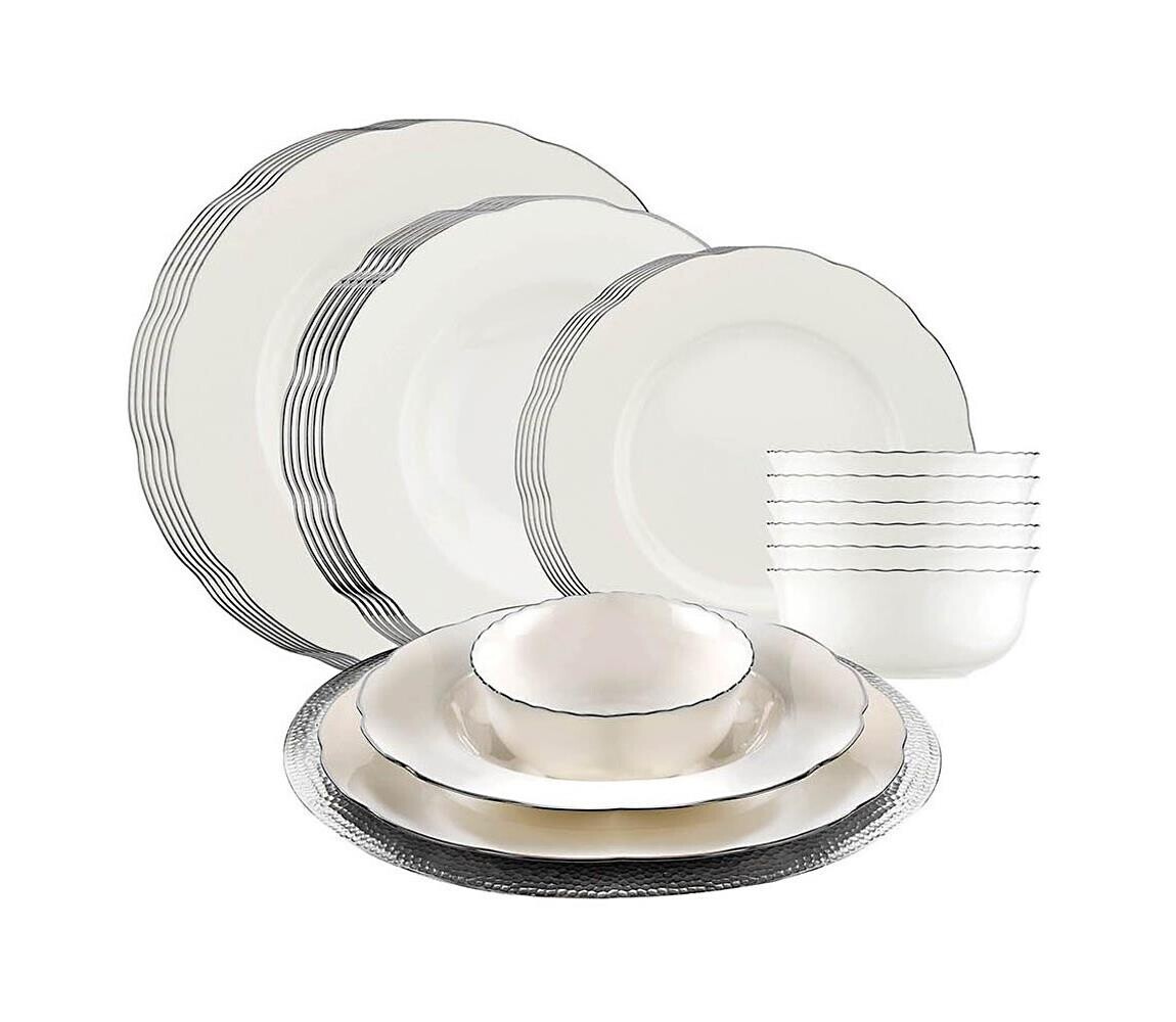 Jídelní sada 24 ks bílá/stříbrná/porcelán 710KTP3437
