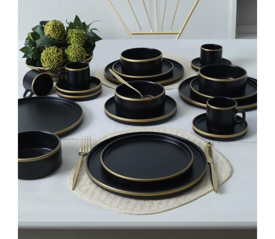 Jídelní sada 20 ks černá/zlatá/kamenina 275KRM2511