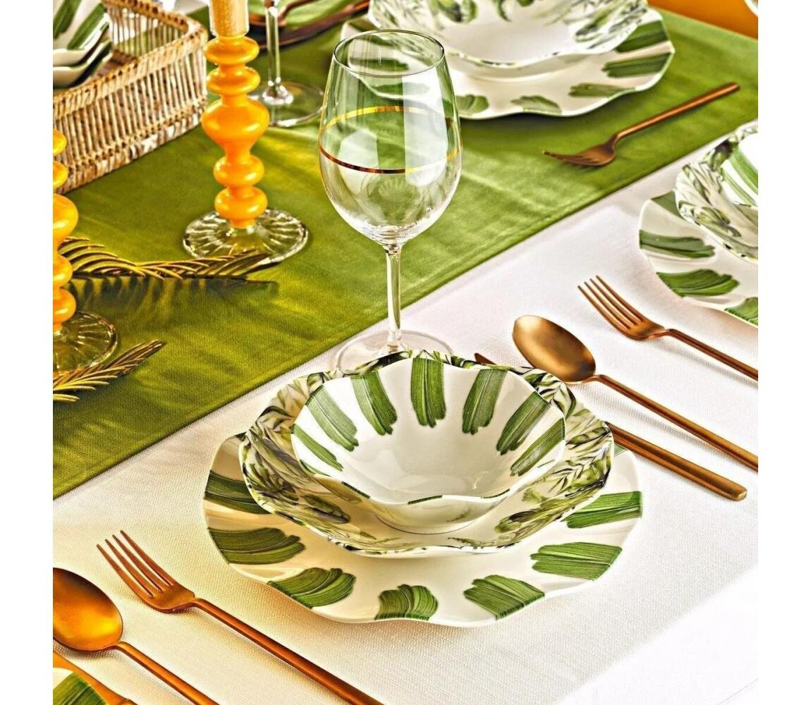 Jídelní sada 18 ks bílá/zelená/porcelán 430KSV8980