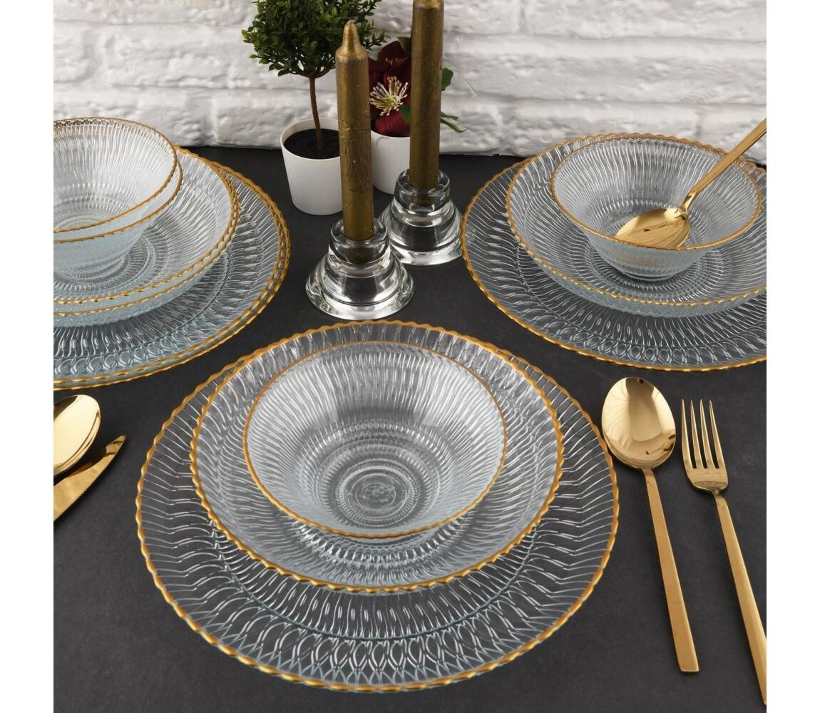 Jídelní sada 12 ks čirá/zlatá/sklo 330SBL1101