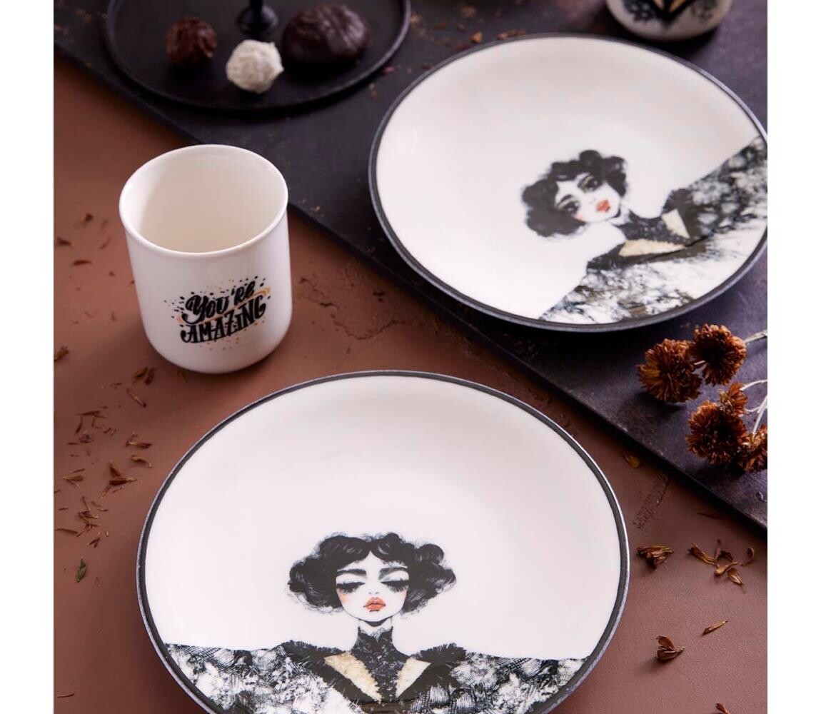 Jídelní sada 4 ks černá/bílá/porcelán 710KTP3721