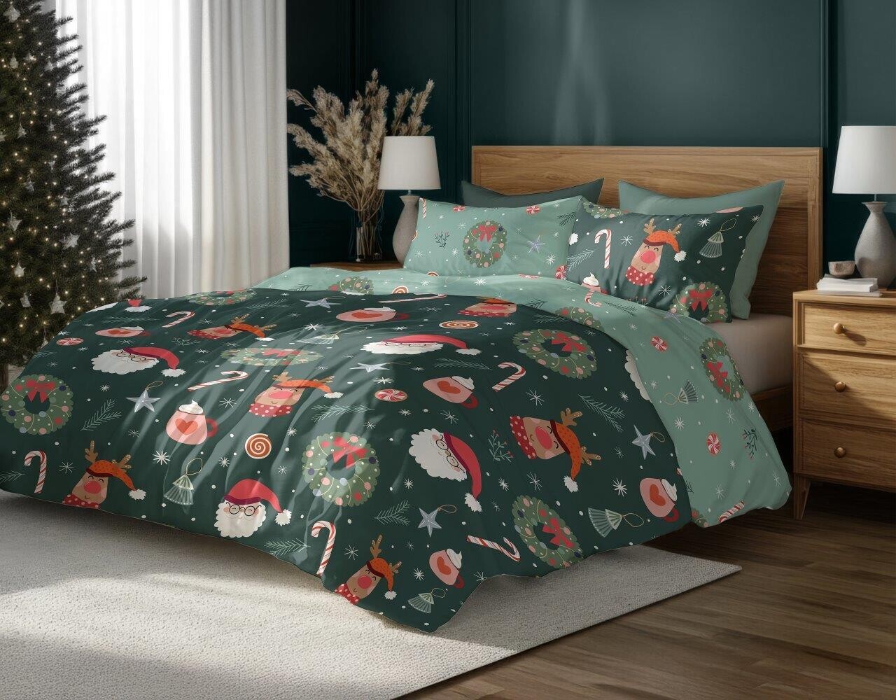 FARO Vánoční povlečení ze saténového mikrovlákna 140x200 + 70x90 cm - Holly Jolly 006