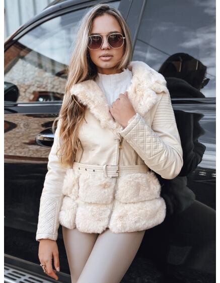 Dámská kožená bunda typu ramoneska s kožešinou, krémová