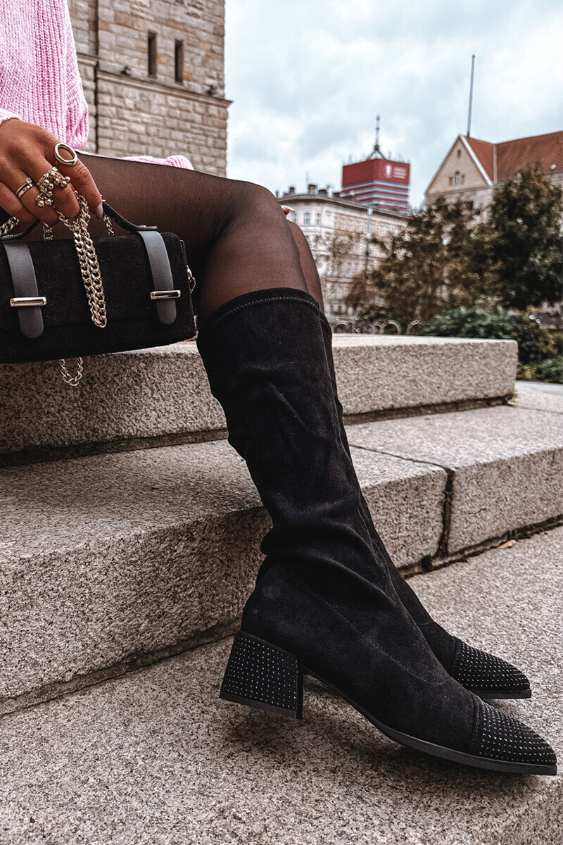 Boto Dámské kozačky s ozdobou na kostku ekokůže Černé Ivanna