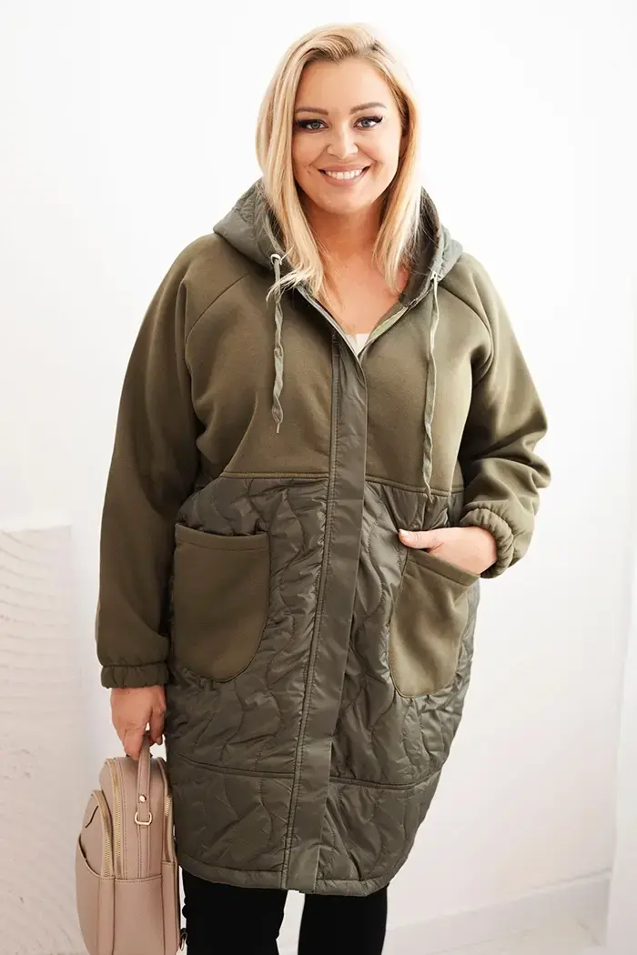 Kesi Dámská prošívaná mikina Plus Size s kapucí a velkými kapsami khaki