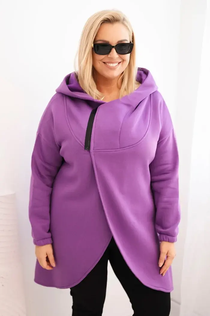 Kesi Dámská mikina Plus Size zateplená s kapucí a asymetrickým zipem tmavě fialová