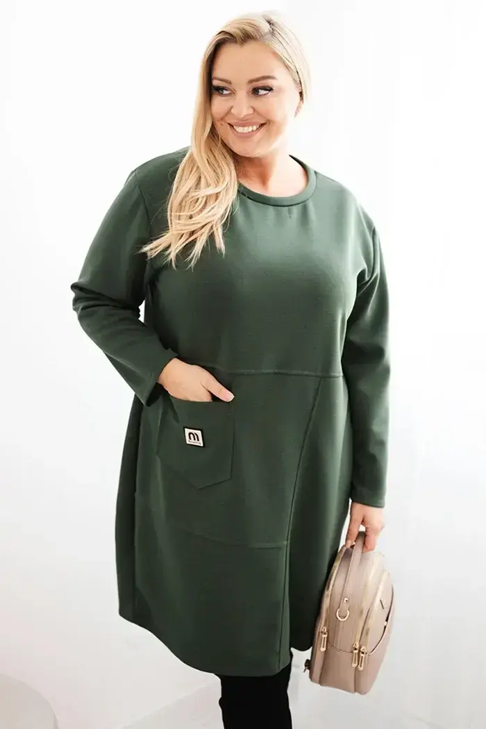 Kesi Włoski Dámské šaty Plus Size máslo s kapsou a rukávem 3/4 khaki