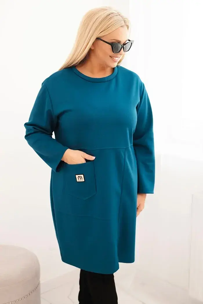 Kesi Włoski Dámské šaty Plus Size máslové s kapsou a 3/4 rukávem mořská