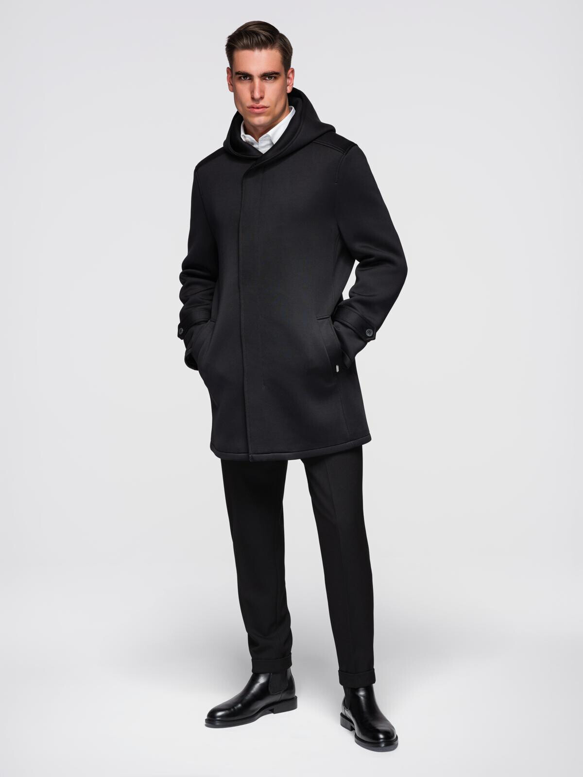 Ombre Men's minimalist medium length coat with hood - black