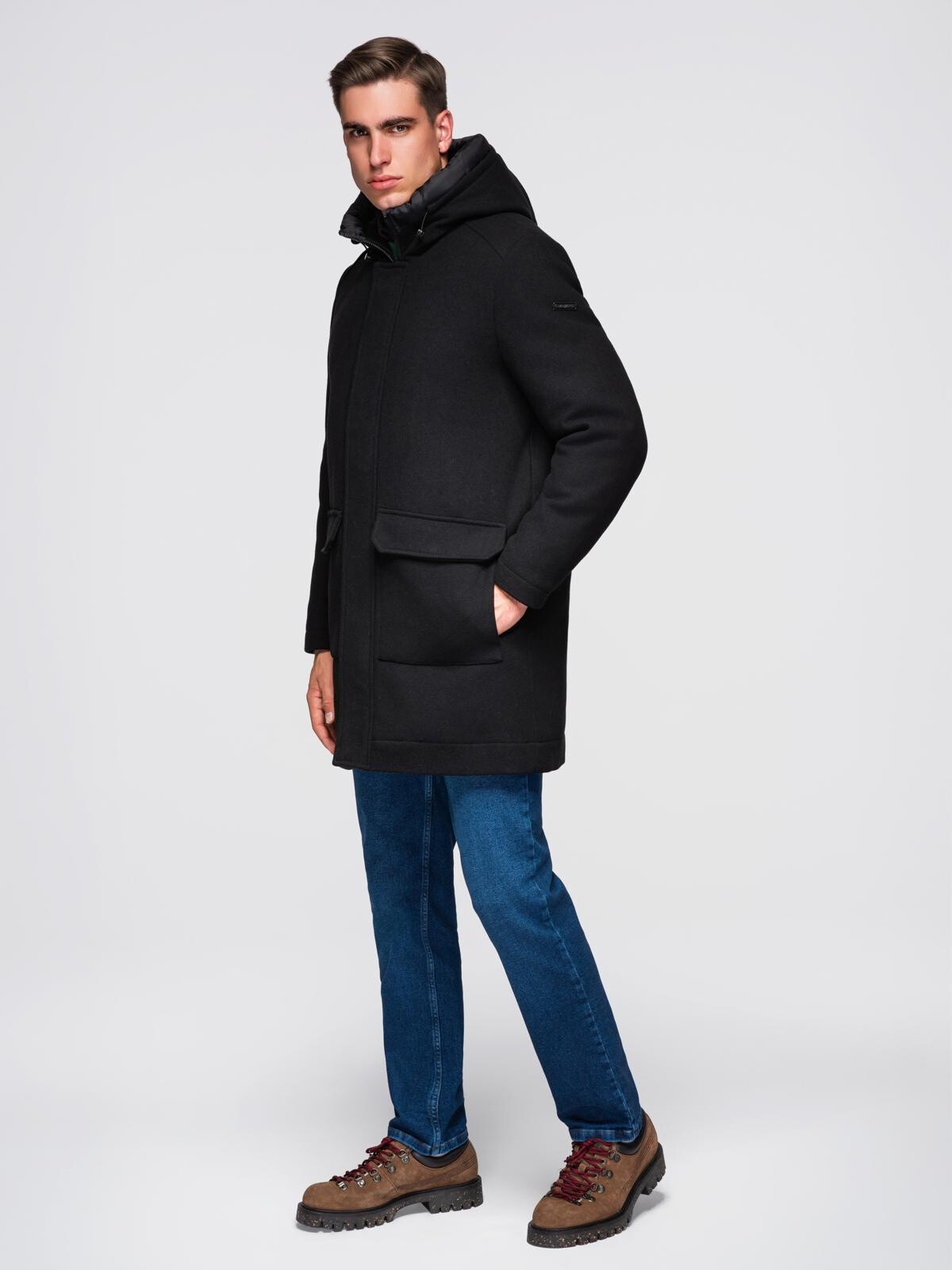 Ombre Men's parka coat with wool and hood - black