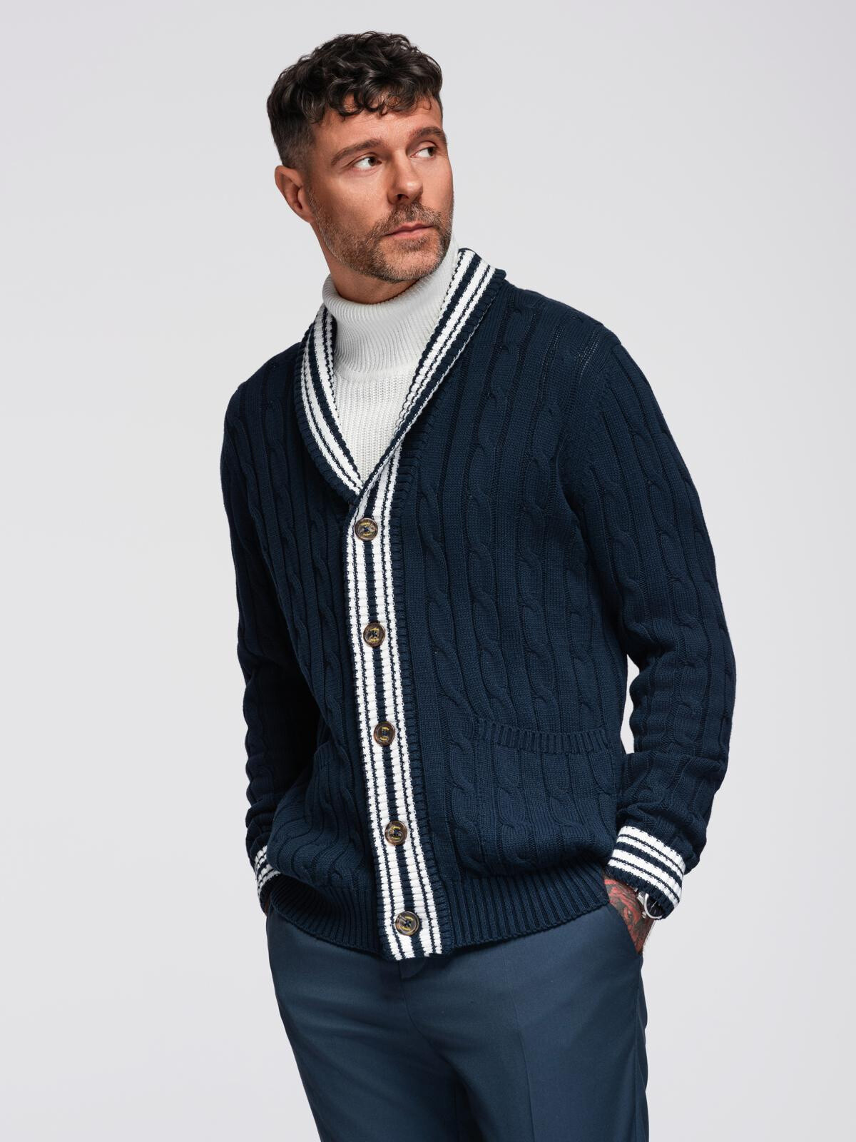 Ombre Men's cardigan sweater with shawl collar in preppy style - navy blue
