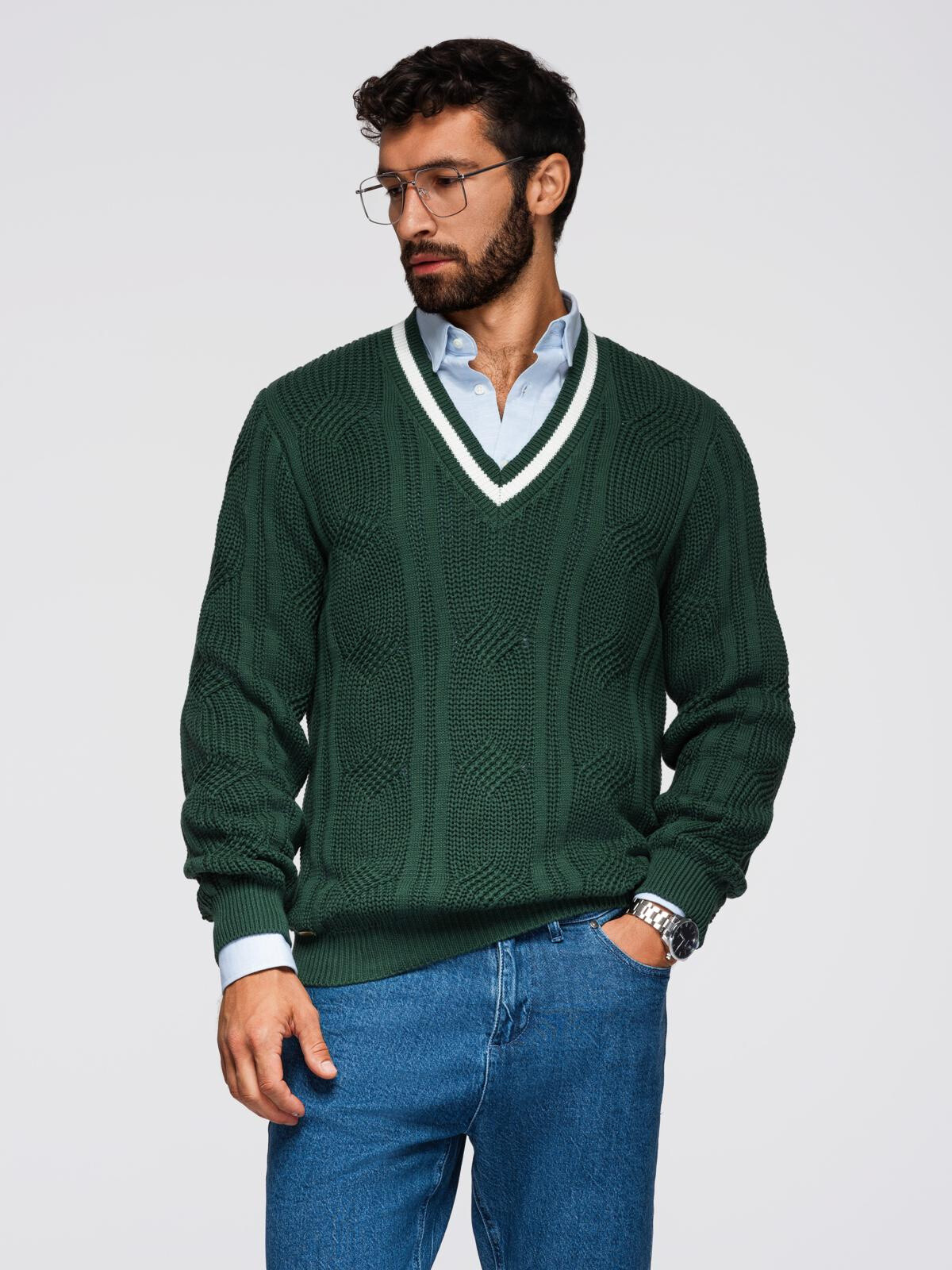 Ombre Men's plaid sweater with crew neckline - green